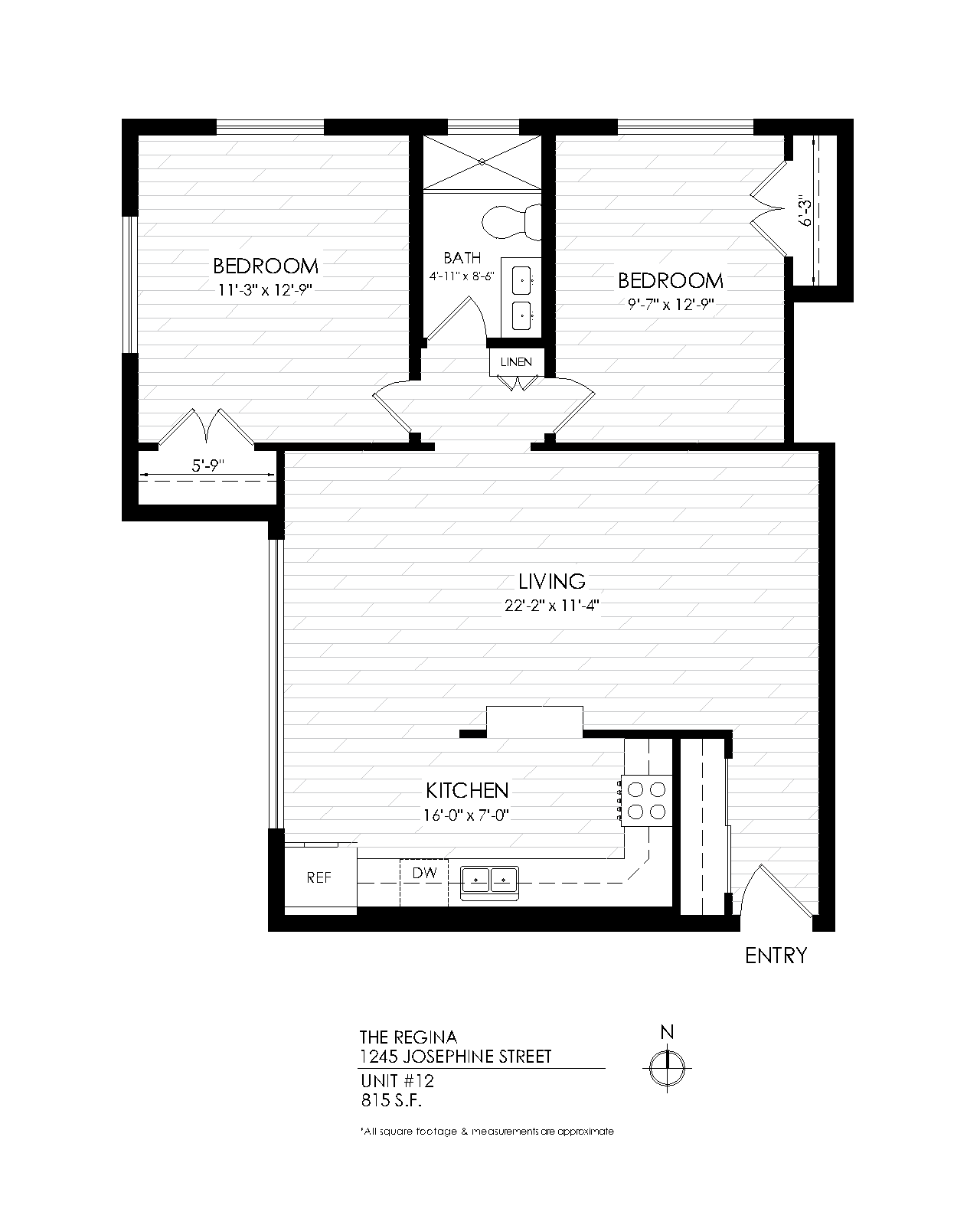 Floor plan for 2 beds, 1 bath, 815 sqft